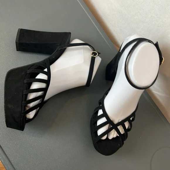 Mango Black Strappy Platform Heels Size 39 (US 8.5) Ankle Cuff Peep Toe - Picture 5 of 14